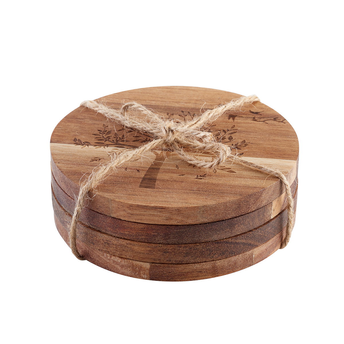 Set of 4 Round Wood Coasters with Laser-